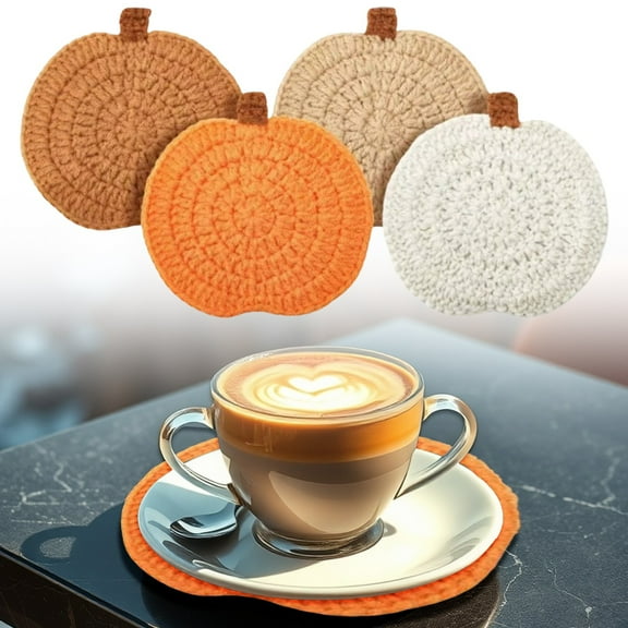 XKHAZA 4 Pcs Fall Coasters Crochet Thanksgiving Pumpkin Coaster, Handmade Woven Pumpkin Drink Cup Pad Mats for Autumn Harvest Thanksgiving Kitchen Table Party Decor Gifts 