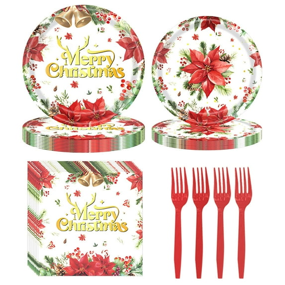 XKHAZA 96 Piece Christmas Party Supplies Christmas Tree Paper Plates and Napkins Disposable Xmas Tableware Dinnerware Set Winter Snowflake Plates for Holiday Party Decorations Serves