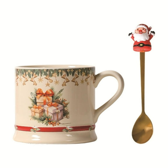 XKHAZA Christmas Tree Mug & Spoon Set - Festive Earthenware, Ceramic Mug for Hot Chocolate, Coffee, Holiday Mornings - Christmas Drinkware