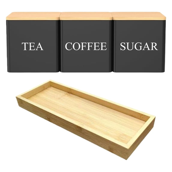 XKHAZA Coffee Tea Sugar Container with Tray Set of 3 Airtight Metal Canister with Bamboo Lid Tray for Kitchen Counter Dining Room Farm House Kitchen Style Drink Station Organizer Set