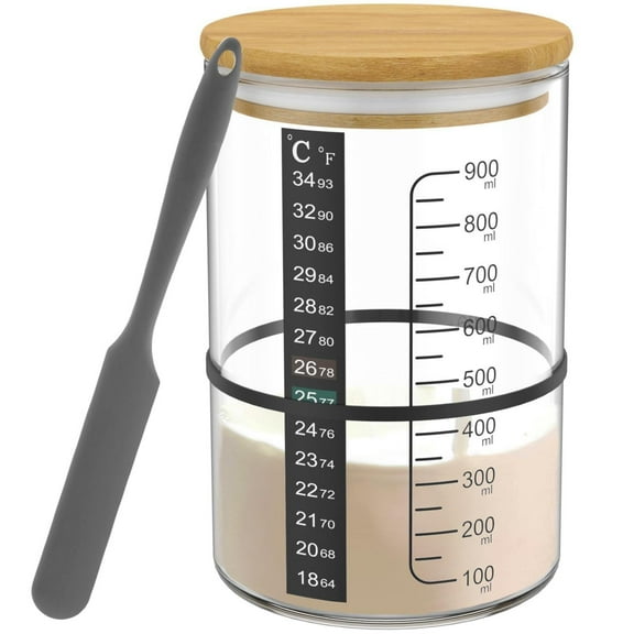 XKHAZA Glass Jar With Thermometer, Wooden Lid, Cloth Cover, Wide Mouth, Date Marked Feeding Band - Reusable for Baking