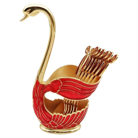 XKHAZA Swan Base Holder with Spoons and Forks, Coffee Dessert Spoon Fork Set, Coffee Dessert Sugar Flatware for Fruit Dessert Stirring Sugar Ice Cream