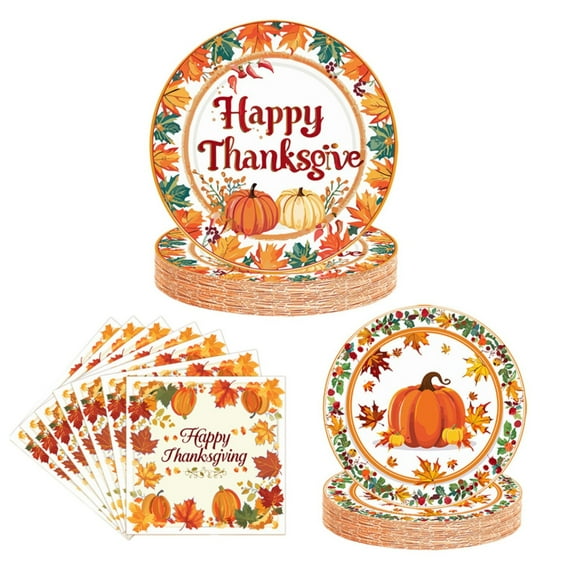 XKHAZA Thanksgiving Plates and Napkins Set, Disposable Thanksgiving Party Plates, Napkins and Cutlery, Thanksgiving Party Supplies for Fall Harvest Thanksgiving Party Decorations