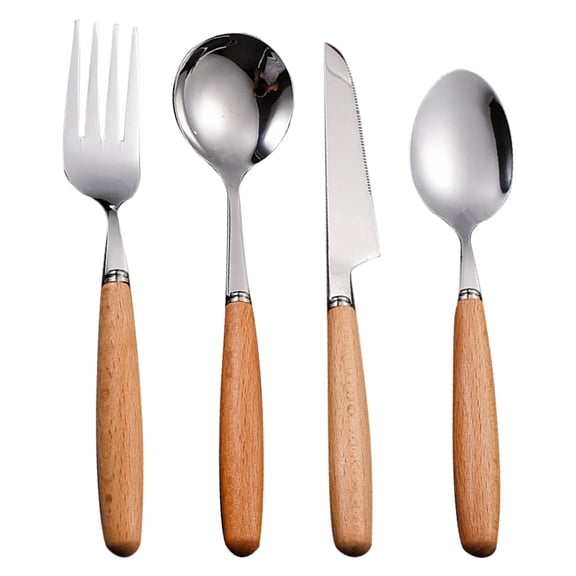 XKHBDL 4-Piece Stainless Steel Flatware Set with Wooden Handles Rustic Cutlery Steak Knife, Fork, Soup Spoon & Teaspoon, Natural Wood Grip, Dishwasher Safe, Perfect for Home, Restaurant & Camping
