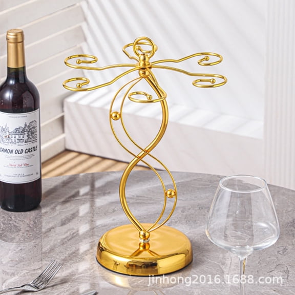 XKHBDL 6-Hook Rotating Wine Glass Rack with Sturdy Base & Scrollwork Design - Metal Countertop Stemware Holder | Rust-Resistant, Space-Saving Storage for Kitchen, Bar, Dining Table