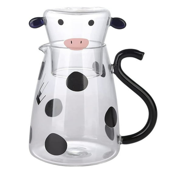 XKHBDL Cartoon Cow Clear Glass Bedside Night Water Carafe Set with Tumbler, Pitcher and Cup Night Set, Clear Glass Water Pitcher for Juice Tea Milk