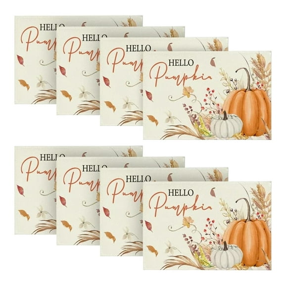 XKHBDL Fall Placemat Set of 8, Farmhouse Orange Autumn Pumpkins Maple Leaves Linen Washable Heat Resistant Table Mats for Holiday Party Picnic Dining Decoration