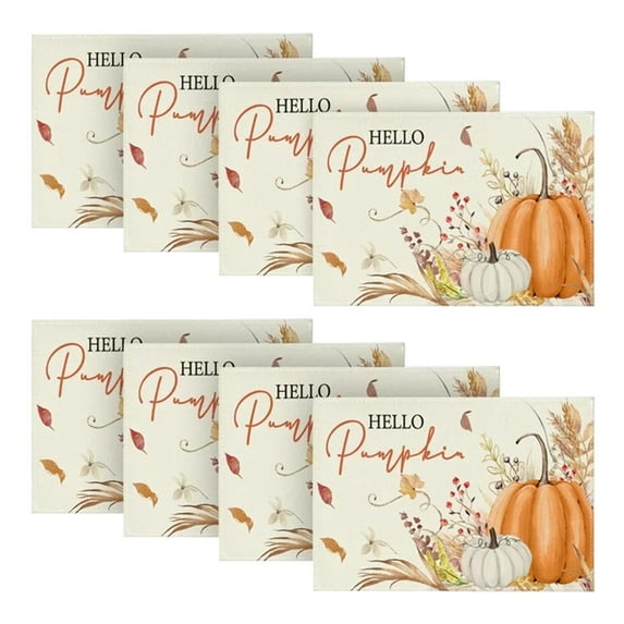 XKHBDL Fall Placemat Set of 8, Farmhouse Orange Autumn Pumpkins Maple Leaves Linen Washable Heat Resistant Table Mats for Holiday Party Picnic Dining Decoration