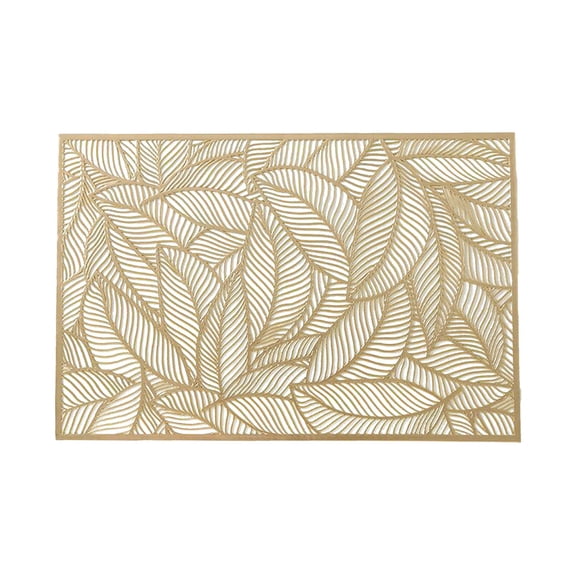 XKHBDL Gold Vinyl Placemats, Rectangle Gold Metallic Placemats Hollow Out Leaves Pattern Placemat Non-Slip Washable Table Mats for Dining Table