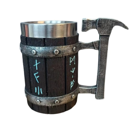 XKHBDL Nordic Viking Rune Hammer Mug, Stainless Steel Liner Resin Beer Tankard Stein, Norse Decor Imitation Wood Coffee Milk Juice Cup