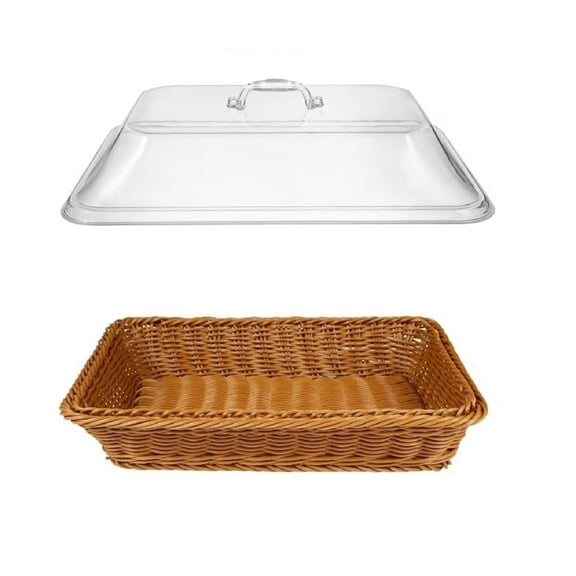 XKHBDL Rattan Bread Basket with Lid, Woven Tabletop Food Serving Basket, Poly-Wicker Fruit Basket for Vegetable, Restaurant, Display, Kitchen, Party, Rectangle