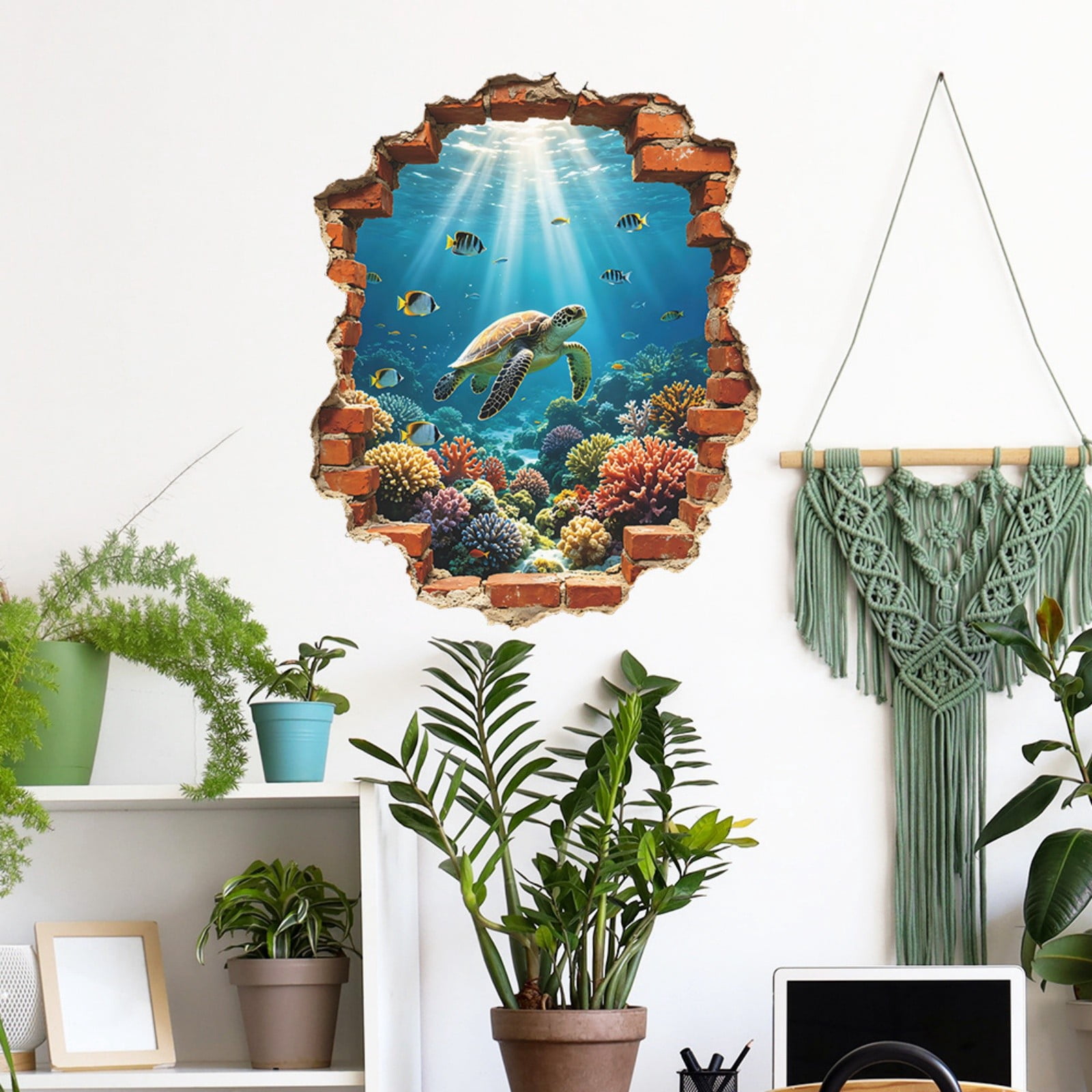 Falling Fish Sticker XKHHLH 3D Broken Wall Sea Turtle Wall Sticker, Underwater Coral Fish ...