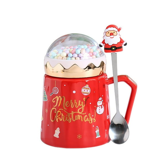XKHHLH Christmas Mug, Christmas Kids Mug Ceramic Coffee Mug with Spoon & Santa Hat Lid Dishwasher and Microwave Merry Christmas Red Great Gift