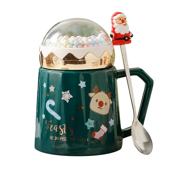 XKHHLH Christmas Mug, Christmas Kids Mug Ceramic Coffee Mug with Spoon & Santa Hat Lid Dishwasher and Microwave Merry Christmas Red Great Gift