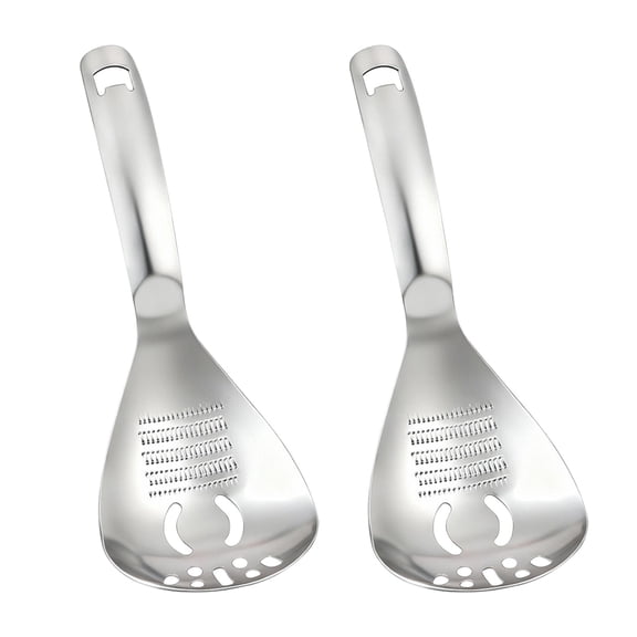 XKHZJL 2Pcs Multi-Function Cooking Spoon with Potato Masher, Egg Yolk Separator, Grater Plate, Bottle Opener & Slotted Spoon - 304 Stainless Steel