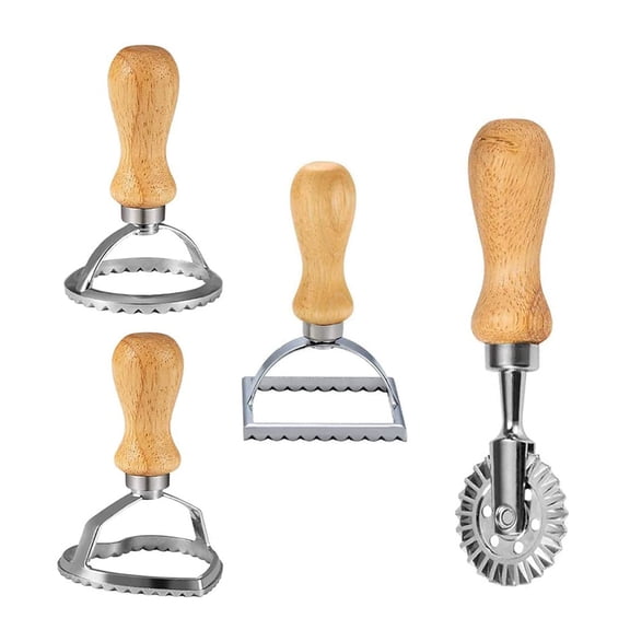XKHZJL 4Pcs Ravioli Maker Stamp Cutter with Roller Wheel Set, Pasta Maker Mold with Wooden Handle and Fluted Edge, Ravioli Cutter and Press Stamp for Pasta, Dumplings Lasagna