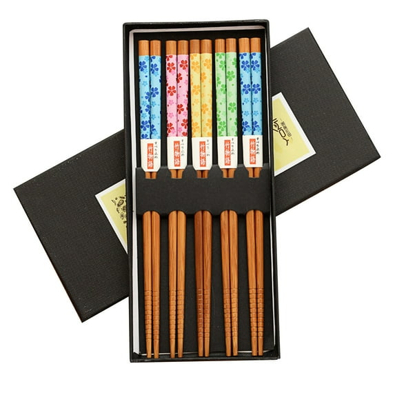 XKHZJL Chopsticks Gift Set - 5 Pairs of Reusable Natural Bamboo Chopsticks - Decorated Japanese Lucky Cat/Non Slip Kitchen Handmade Gift Set Reusable