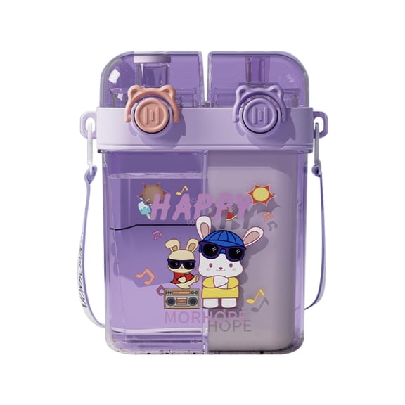 XKHZJL Dual-Compartment Kids Water Bottle with 2 Flip-Top Spouts and Carrying Strap, Translucent Double-Sided Hydration Cup with Cute Rabbit Cartoon Design, Reusable School Drink Bottle for Children