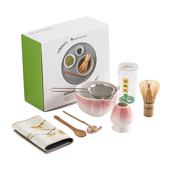 XKHZJL Matcha Set 8-Piece Japanese Tea Ceremony Kit with Ceramic Bowl, Bamboo Whisk & Holder, Scoops, Strainer, Tea Cloth - Complete Gift Set for Traditional Brewing