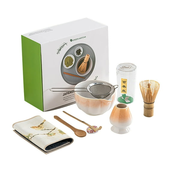 XKHZJL Matcha Set 8-Piece Japanese Tea Ceremony Kit with Ceramic Bowl, Bamboo Whisk & Holder, Scoops, Strainer, Tea Cloth - Complete Gift Set for Traditional Brewing