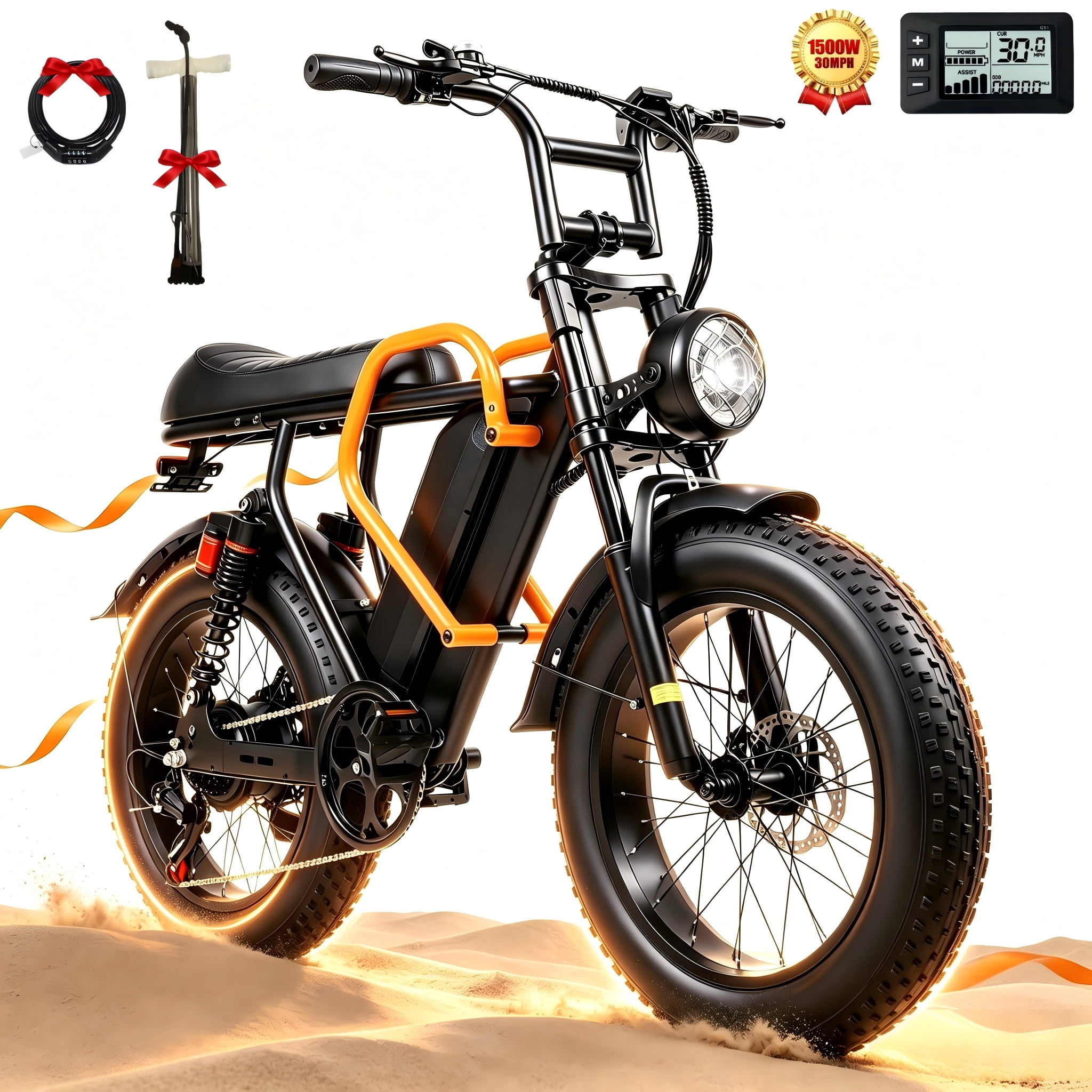 XKJ Electric Bike for Adults, 1500W Peak, 30MPH Electric Bike,50Mlies, 20" Fat Tire E-Mountain Bikes, 920Wh Removable Battery Ebike, Full Suspension shock, 7-Speed, UL 2849,Dirt ebike