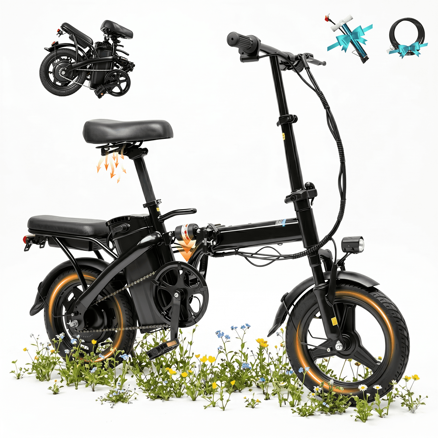 XKJ Electric Bike for Adults, Ebike, Electric Bicycle with 48V 12AH Battery,14" Folding Ebike, 20MPH,20+ Miles,500W High Motor,Multi-Shock Absorption,Commuting Mini E Bikes for Teens,UL2849