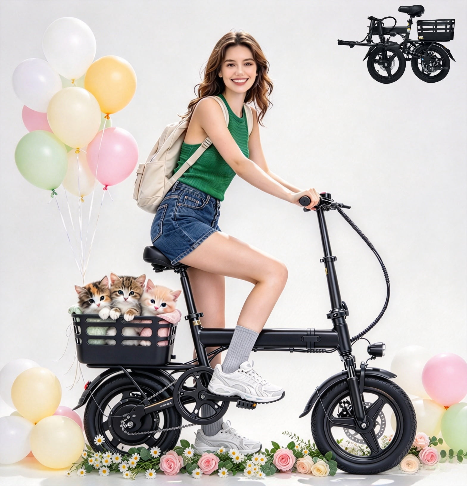 XKJ Electric Bike for Adults, Ebike, Electric Bicycle with 48V 12AH Removable Battery,14" Folding Ebike, 20MPH,20+ Miles(MAX),500W High Motor,Multi-Shock Absorption,Commuting Mini E Bikes,UL2849