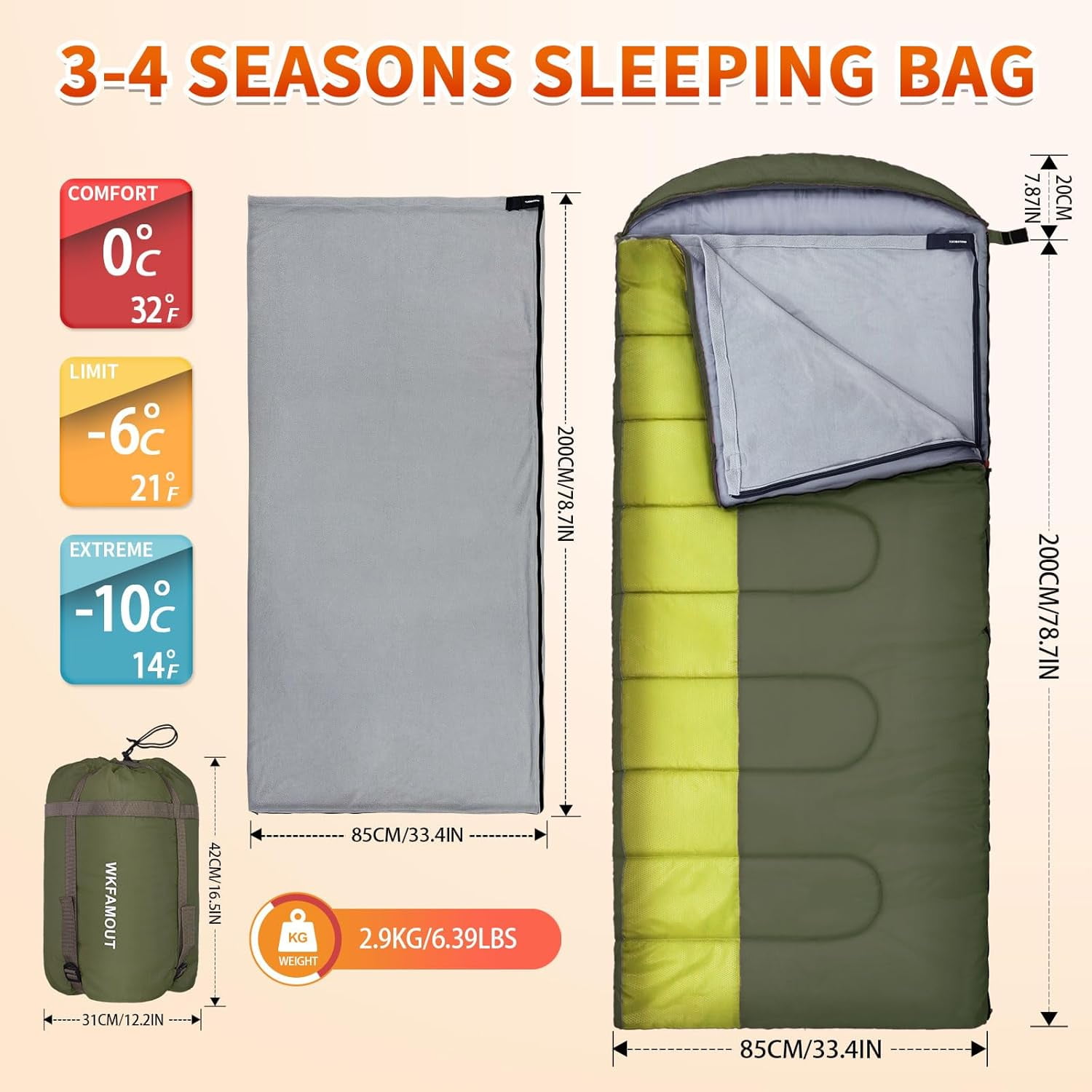 XL 10 Degree Sleeping Bags Waterproof for Adults 350GSM Machine Washable with Compression Sack for 3-4 Season Camping Outdoor