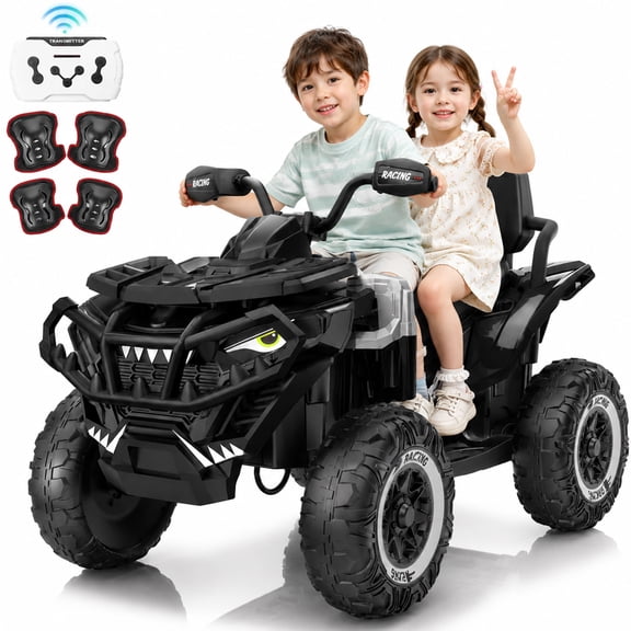 XL 2-Seater 24 Volt Ride on Toys, Joyracer 4WD ATV for Kids, Power Car Wheels with EVA Tires, Remote, Knee Pad, Bluetooth, Black