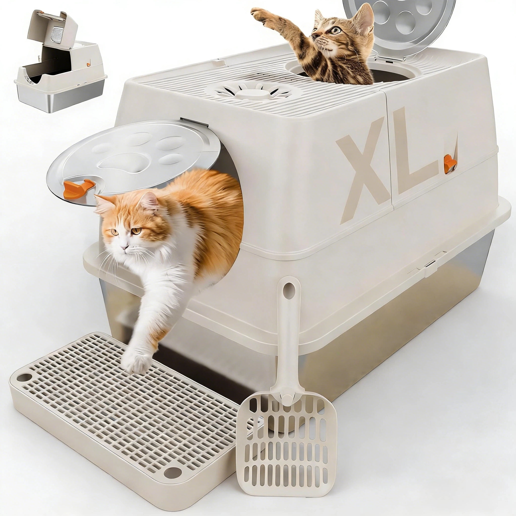 XL 3 in 1 Enclosed Extra Large Metal Litter Box w/Lid, Stainless Steel Cat Litter Box, Odorless Steel Litter Pan, Anti-Leakage & Easy Clean, High Sided Metal Litter Box w/Scoop, Beige