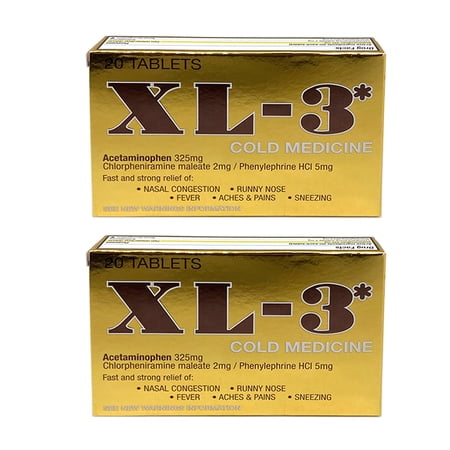 XL-3 Cold Medicine. Strong and Fast Relief for the Common Cold, Fever, Nasal Congestion, Sneezing, Aches and Pains. 20 Tablets. Pack of 2