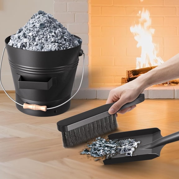 XL 3-Gallon Metal Ash Bucket with Lid Shovel Broom for Coal Ash Can Fire Pit Charcoal Fireplace Bucket Essential Tools for Indoor Outdoor Wood Burning Stove Hearth Accessories