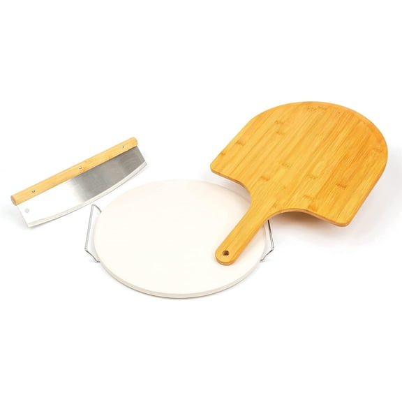 XL 4-Piece Pizza Stone Set - 15" Thermal Shock Resistant Cordierite Baking Stone, 22" Natural Bamboo Peel & Cutter Rocker - Large Stone for Grill and Oven