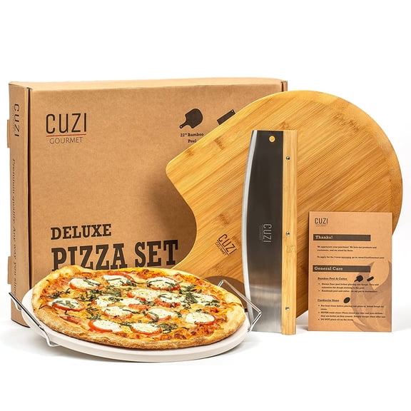 XL 4-Piece Pizza Stone Set - 15" Thermal Shock Resistant Cordierite Baking Stone, 22" Natural Bamboo Peel & Cutter Rocker - Large Stone for Grill and Oven