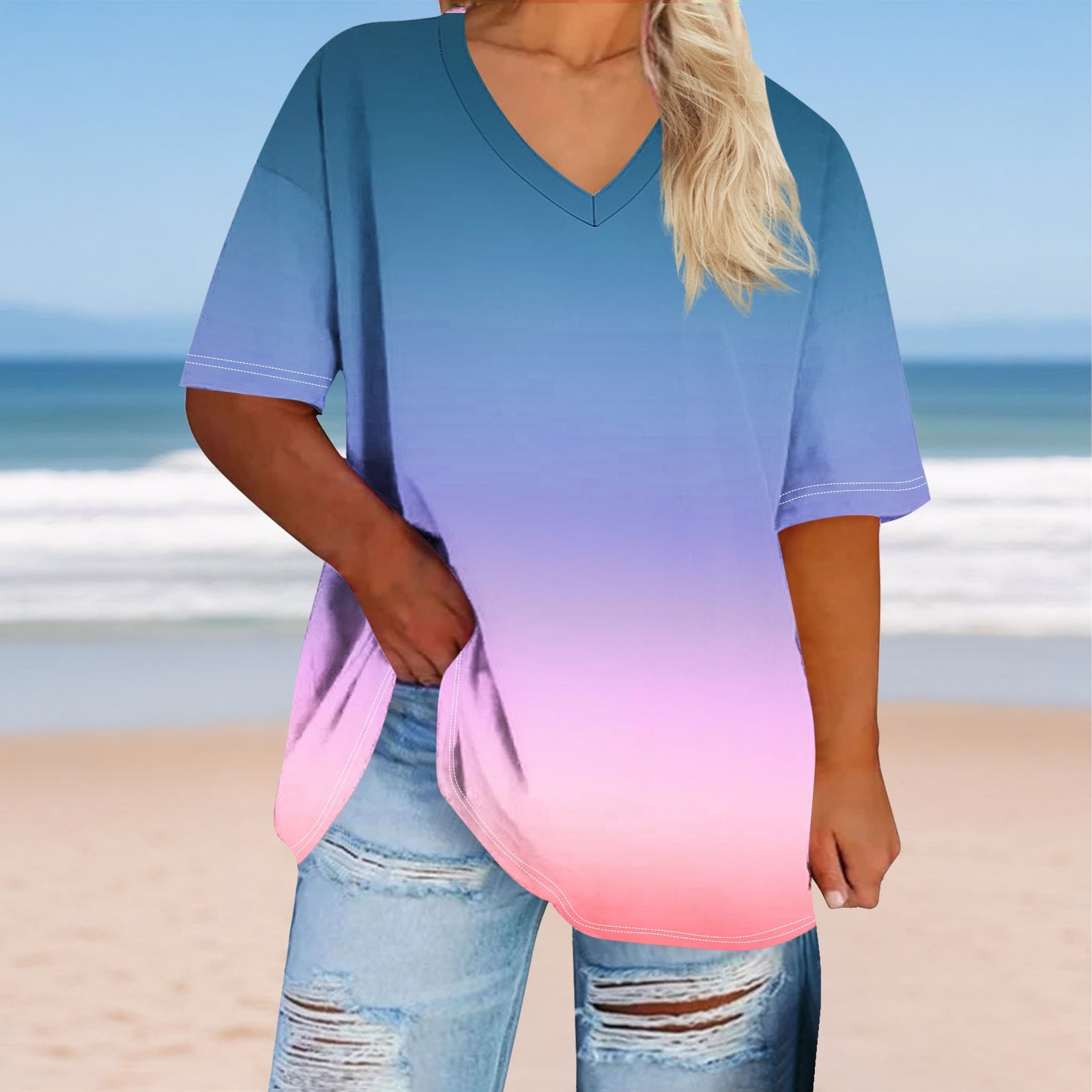 XL-5X Plus Size Tees Tops for Women Short Sleeve V Neck Oversized T Shirts Womens Trendy Gradient Printed Pullover Loungewear Going-Out Blouses Top