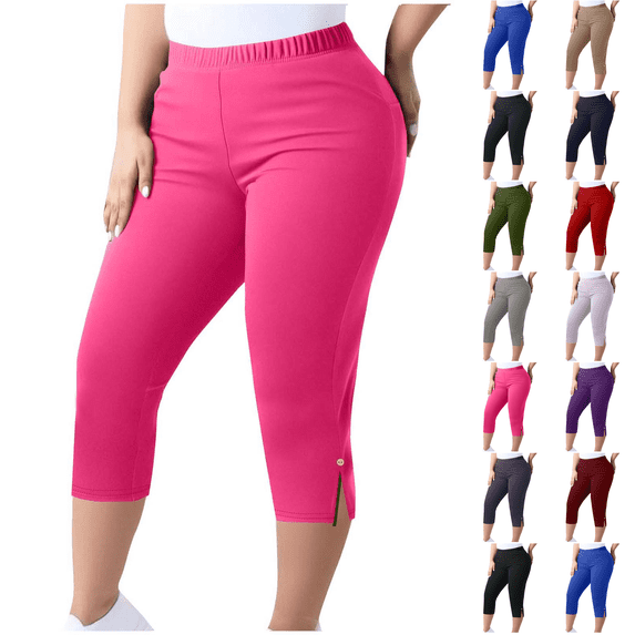 XL-5XL Plus Size Capri Leggings for Women Tummy Control Capri Yoga Pants High Waisted Stretchy Mid-calf Length Pull on Tights Jegging Hot Pink XL