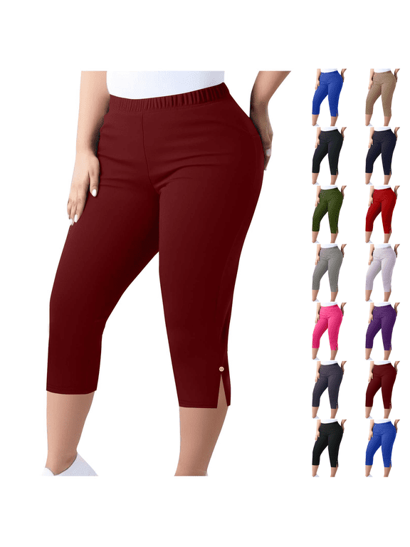 XL-5XL Plus Size Capri Leggings for Women Tummy Control Capri Yoga Pants High Waisted Stretchy Mid-calf Length Pull on Tights Jegging Wine 2XL