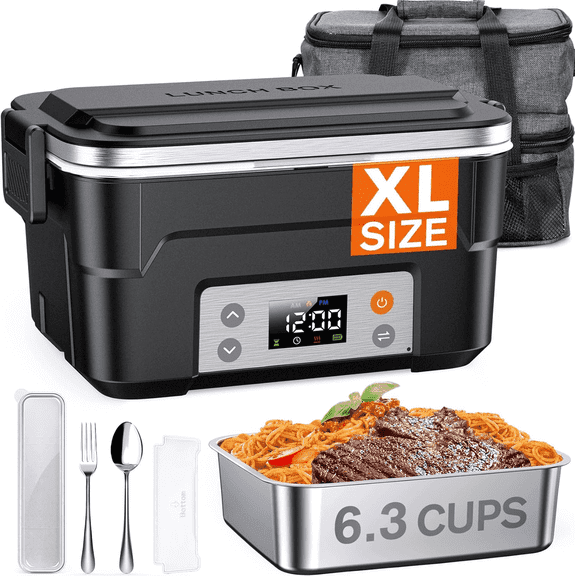 XL 6.3-Cup Cordless Electric Lunch Box for Adults, Heated Lunch Box for Men with Scheduled Heating, Portable Car Food Warmer with Utensils, Two-Tier Bag, Removable Divider