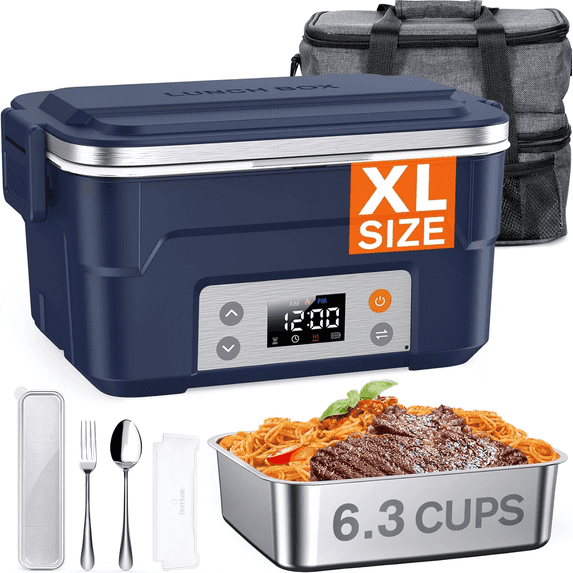 XL 6.3-Cup Cordless Electric Lunch Box for Adults, Heated Lunch Box for Men with Scheduled Heating, Portable Car Food Warmer with Utensils, Two-Tier Bag, Removable Divider