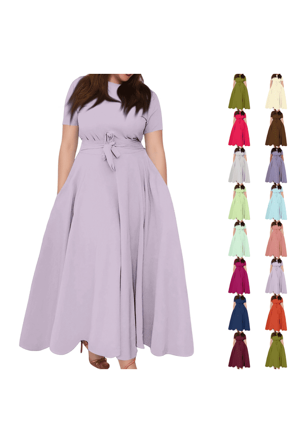XL-6XL Plus Size Maxi Dress Women Short Sleeve Casual Crewneck Long Dress Trendy Elegant Formal A Line Smocked Flowy Party Dress Purple 6XL