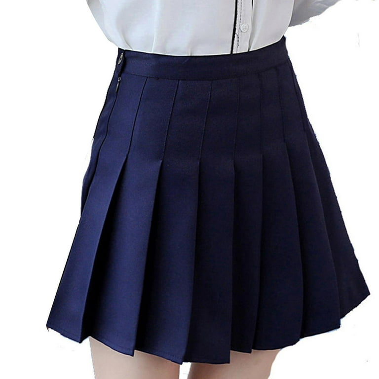 XL A Navy Blue Girls Women High Waisted Plain Pleated Skirt Skater Tennis School Uniforms A line Mini Skirt With