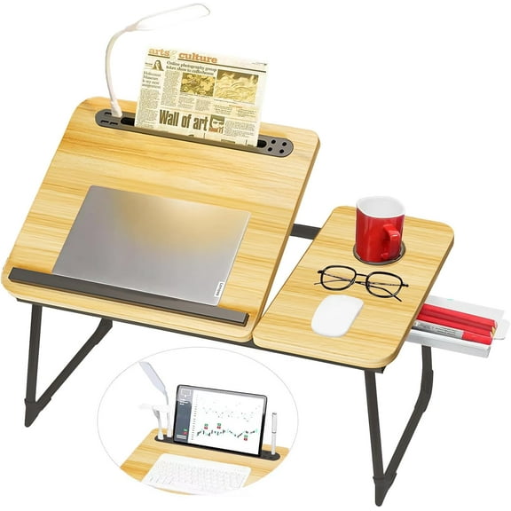 XL Adjustable Laptop Desk with Light,  Port,  Holder, Drawer Storage - Larger 23.6IN Adjustable Lap Desk for Bed,  Office, Breakfast Tray, Fordable  Desk (Walnut)