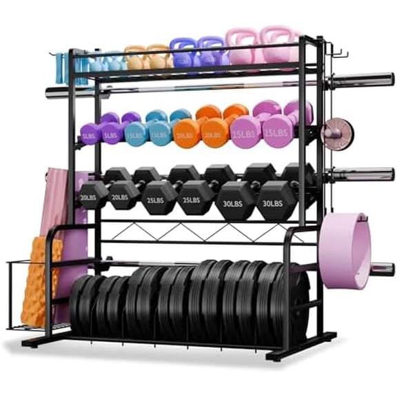 XL Adjustable Weight Rack for Dumbbells - Barbell Holder Bumper Plate Storage Rack with 3 Olympic Bar Racks, Dumbbell Rack Weight Stand,Home Gym Storage Rack for kettlebells,Yoga Mat