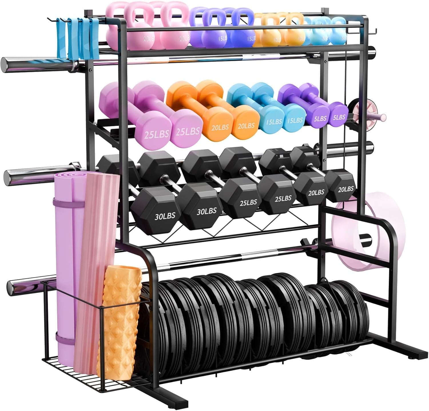 XL Adjustable Weight Rack for Dumbbells - Bonvork Barbell Holder Bumper Plate Storage Rack with 3 Olympic Bar Racks, Dumbbell Rack Weight Stand,Home Gym Storage Rack for kettlebells,Yoga Mat