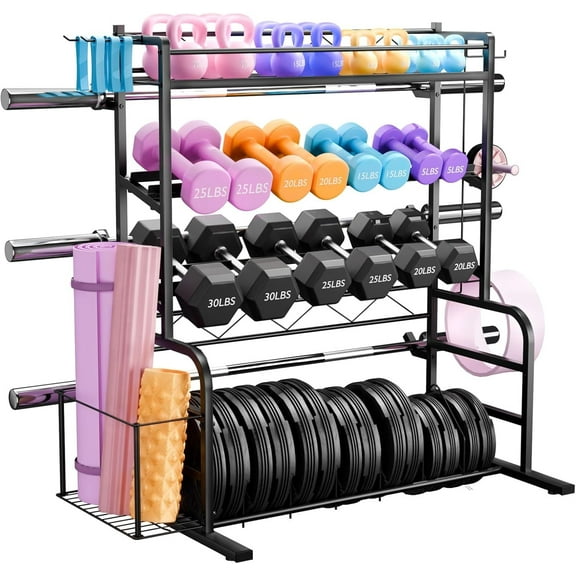 XL Adjustable Weight Rack for Dumbbells - Bonvork Barbell Holder Bumper Plate Storage Rack with 3 Olympic Bar Racks, Dumbbell Rack Weight Stand,Home Gym Storage Rack for kettlebells,Yoga Mat