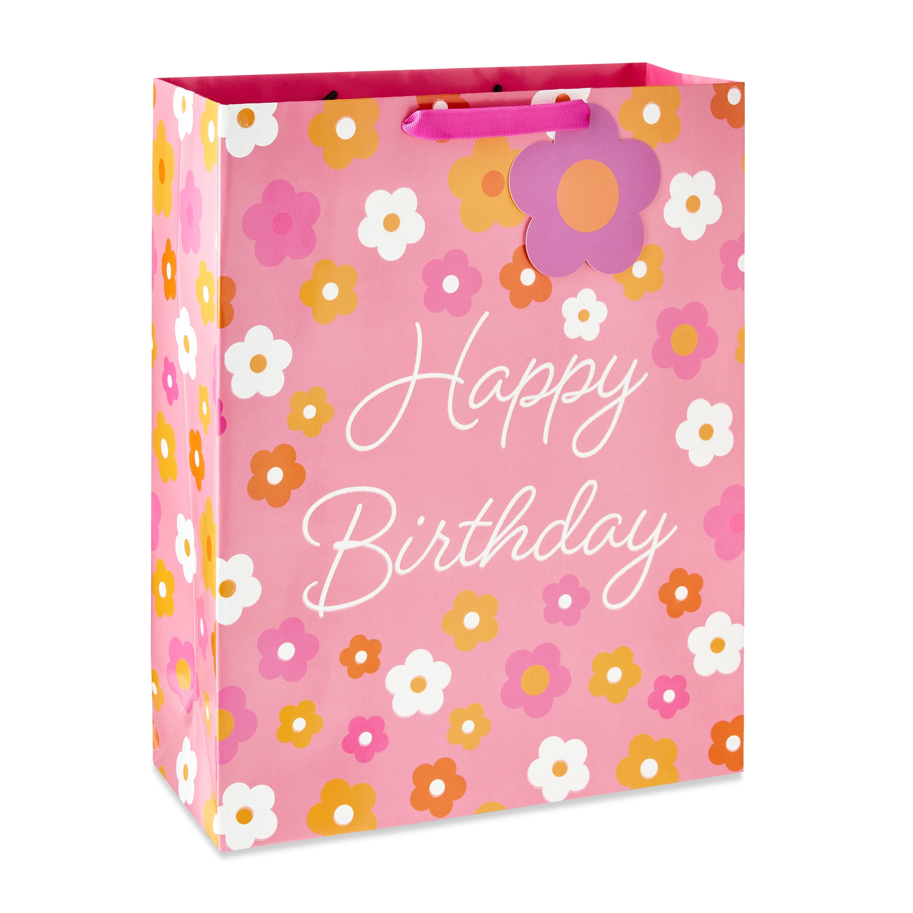 Way To Celebrate XL Pink HBD Flower Gift Bag with Ribbon Handle for ...