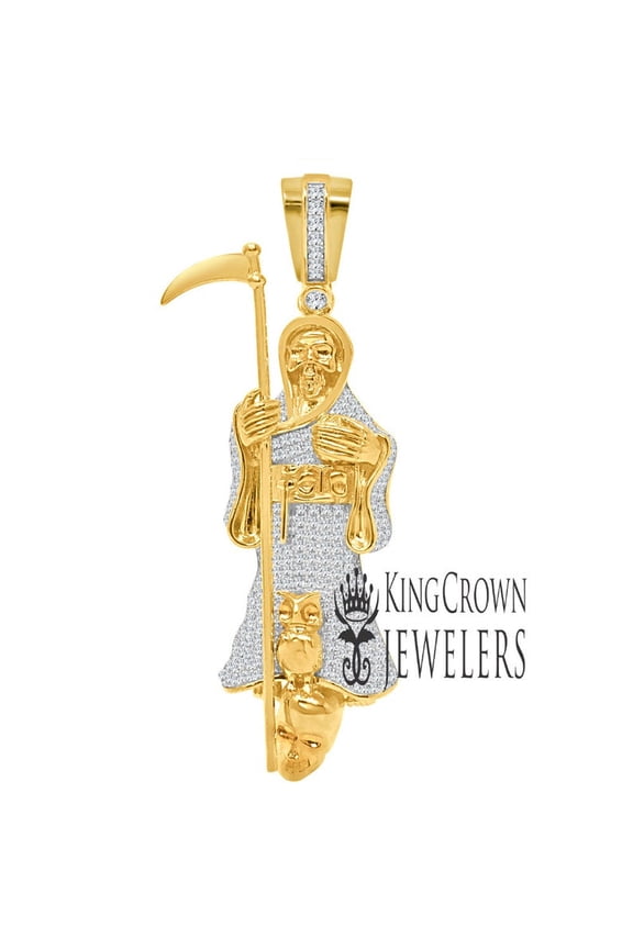 XL Big 3.5'' Real Yellow Gold Sterling Silver Santa Muerte Grim Reaper Angel of Death Pendent Charm