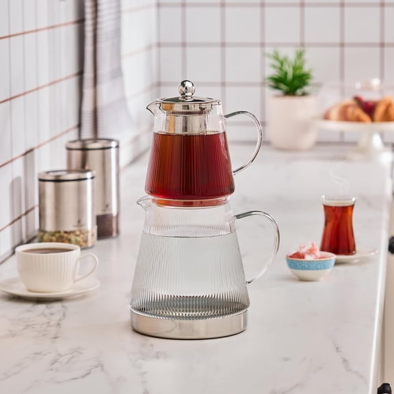 XL Borosilicate Glass Teapot with Infuser and Lid, 1L, and 2L Tea Kettle Set, Silver Transparent