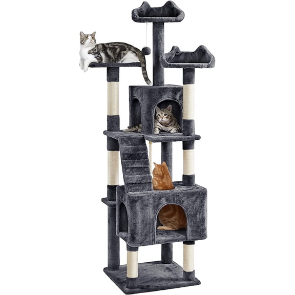 XL Cat Tree, 72in Multi-Level Cat Tower with 2 Cozy Caves, 3 Soft Perches, Scratching Posts, Board, and Dangling Ball, Cat Furniture Cat Play House Kittens, Dark Gray
