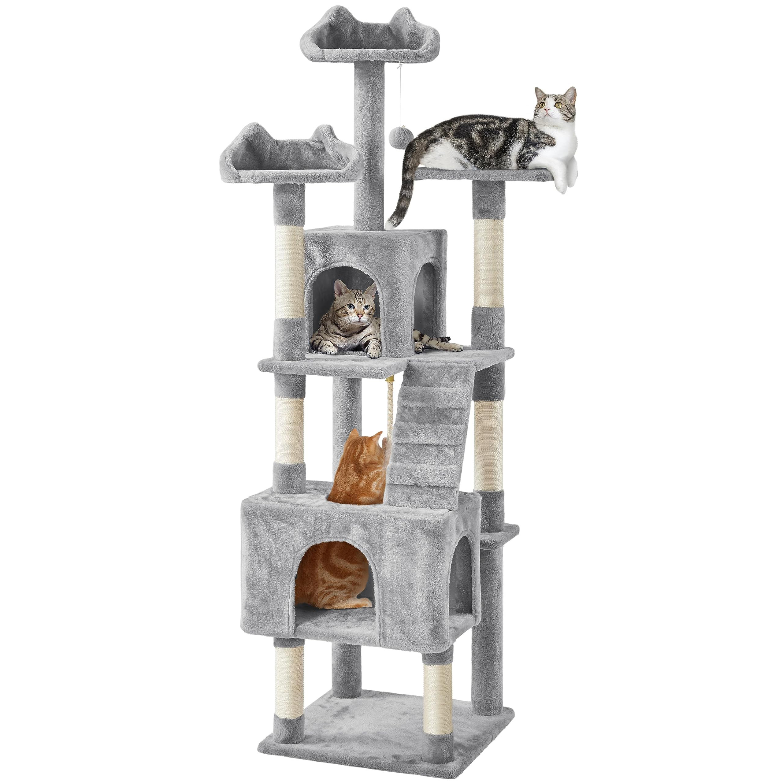 XL Cat Tree Tower with 2 Cozy Caves, 3 Perches, Scratching Posts, Board, Dangling Ball, Multi-Level Playhouse for Kittens and Adult Cats, Light Gray